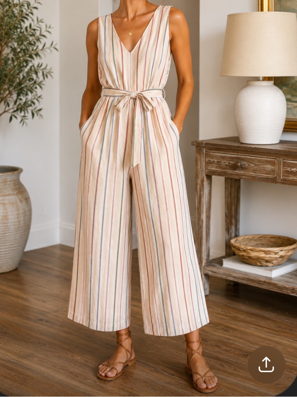 American Eagle V-Neck Sleeveless Tie-Waist Linen Blend Wide Leg Jumpsuit in Sand